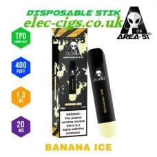image shows all the details of the Area 51 New 400 Puff Disposable E-Cigarette Stix Banana Ice
