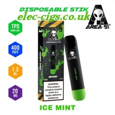 image shows all the details of Area 51 New 400 Puff Disposable E-Cigarette Stix Ice Mint