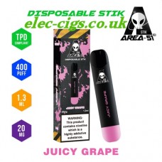image shows all the details of Area 51 New 400 Puff Disposable E-Cigarette Stix Juicy Grape 