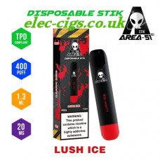 image shows all the details of Area 51 New 400 Puff Disposable E-Cigarette Stix Lush Ice