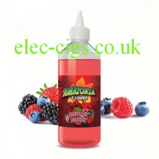 Image shows a bottle of Amazonia 500 ML E-Liquid Berry Burst with fruity contents in the background