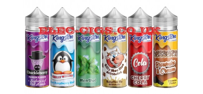 Image shows just six of the different flavours in the range of Kingston 100ML 70-30 E-Liquids
