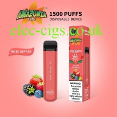 Images shows the box and the actual cigarette, both pink in colour, of the Berry Mix 1500 Puff Disposable E-Cigarette by Amazonia