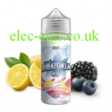 Image of a bottle of Amazonia Ice 100 ML E-Liquid Berry Lemonade surrounded by berries and lemon