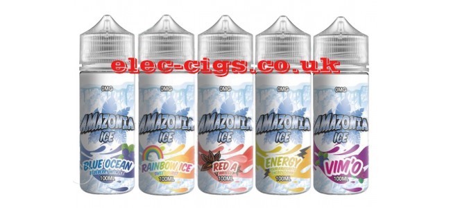 Images shows several of the flavours available in the Amazonia Ice Range of 100 ML E-Liquids