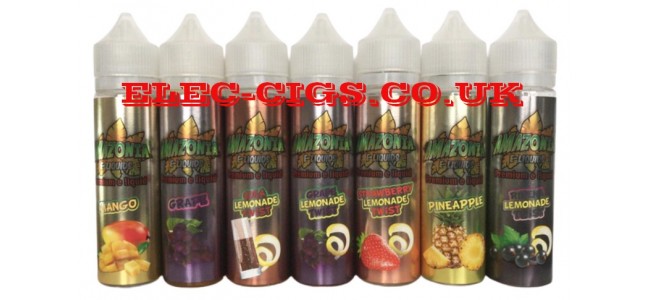 Image show several of the flavours available in the Amazonia Premium 50 ML E-Liquids range.