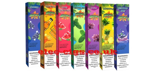 Image shows seven of the available flavours in the range of Amazonia 800 Puff E-Cigarettes with 20 MG Nicotine Salt