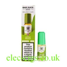 Image shows a bottle, with green Label, filled with Bar Juice 5000 Nic Salt Apple Peach E-Liquid