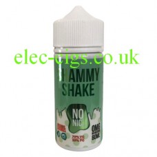 Images shows a white plastic bottle with a green label containing Shammy Shake 80 ML E-Liquid Milkshake Range by Black Mvrket