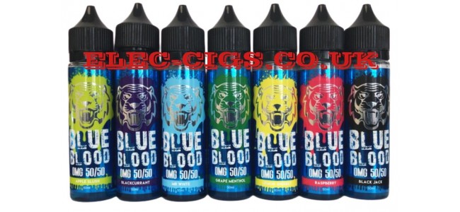 Image shows several of the flavours available in the Blue Blood 50 ML E-Liquids: 50-50 (VG/PG) range