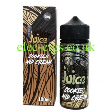 Image is of a box and bottle of Cookies and Cream 100 ML E-Liquid by Boujee Juice