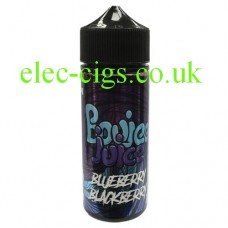 Image shows, on a white background, a bottle of Blueberry Blackberry 100 ML E-Liquid by Boujee Juice