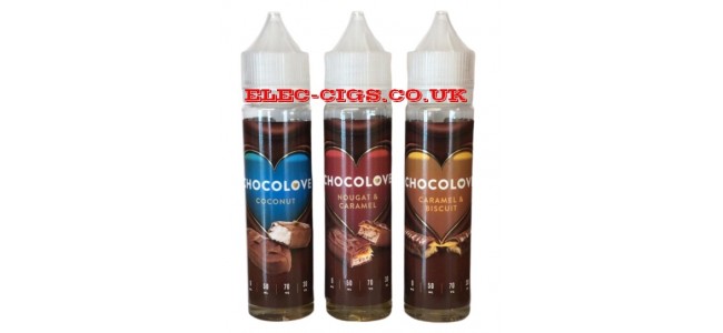 Image is of the three different bottles of Chocolove 50 ML E-Liquids