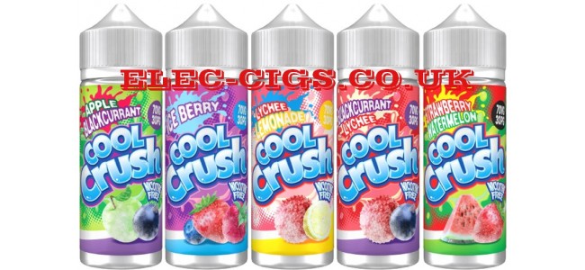 Image shows some of the flavours in the Cool Crush 100 ML E-Liquids Range with a 70-30 (VG/PG) Mix