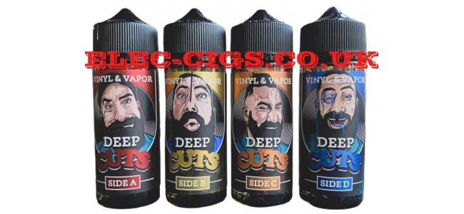Image shows the four bottles on the range of Deep Cuts 100 ML E-Liquids by Vinyl and Vapour