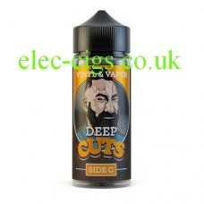 Image is a bottle with an orange and black label with a picture of a man, with a beard, looking quite angry and the bottle contains Deep Cuts Side C 100ML E-Liquid by Vinyl and Vapour