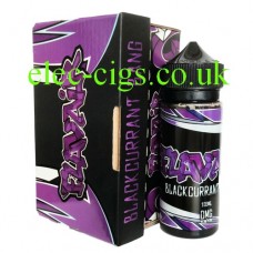 Image shows the box and bottle of Blackcurrant Bang 100 ML E-Liquid by Flavair