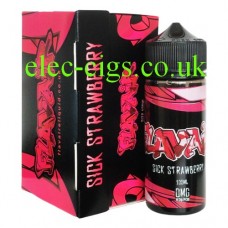 Images hows the box and the bottle containing the Sick Strawberry 100 ML E-Liquid by Flavair