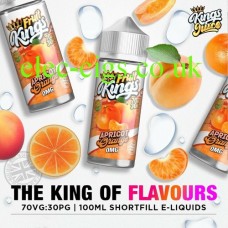 Image show 3 bottles of Apricot Orange 100ML E-Liquid  from the Fruit Kings Range with slices of apricot and segments of orange scattered about randomly 
