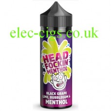 Image shows a bottle of Head Fockin Menthol 70-30 Black Grape Lime Bubblegum Menthol E-Liquid