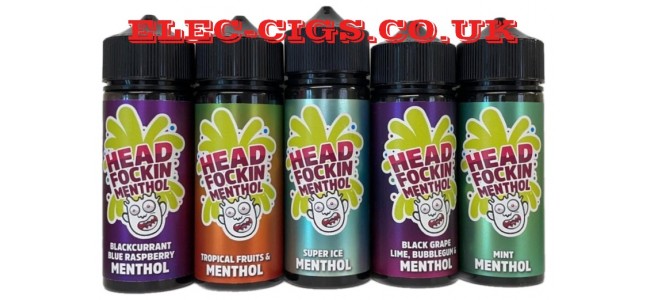Image shows just 5 of the flavours in the Head Fockin Menthol 100 ML E-Liquid Range