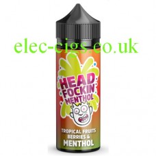 Image shows a bottle of Head Fockin Menthol 70-30 Tropical Fruits and Berries Menthol E-Liquid