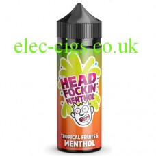 Image shows a bottle of Head Fockin Menthol 70-30 Tropical Fruits Menthol E-Liquid