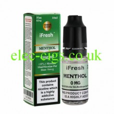 Image shows a bottle and box on a white background of  Menthol 10 ML E-Liquid by iFresh