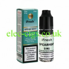 Image shows a bottle and box on a white background of Spearmint 10 ML E-Liquid by iFresh