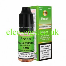 Image shows a bottle and box on a white background of Vanilla Custard 10 ML E-Liquid by iFresh