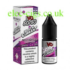 image shows a box and bottle of IVG Blackcurrant 10 ML E-Liquid