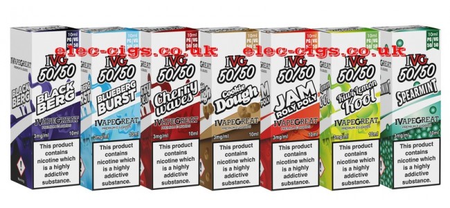 Image shows several boxes which contain the liquids in the IVG 10 ML E-Liquids range