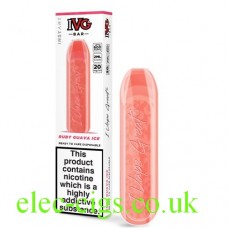Image is of an IVG Bar Ruby Guava Ice disposable e-cigarette