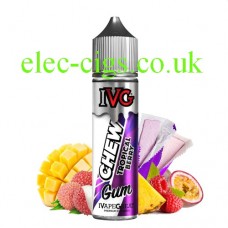 Image shows a huge slice of mango and other exotic fruits with a bottle of IVG Chew Range: Strawberry Watermelon 50 ML E-Liquid