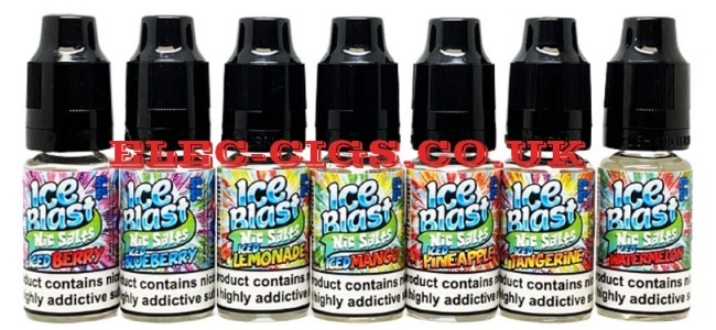 Image shows all the seven flavours in the Ice Blast Nicotine Salts Range