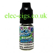 image shows a bottle of Ice Blast 10ML Nicotine Salt E-Liquid: Iced Blueberry