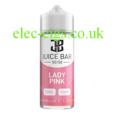 Image shows the bottle, with a pink and white label, containing the Lady Pink 100ML E-Liquid by Juice Bar