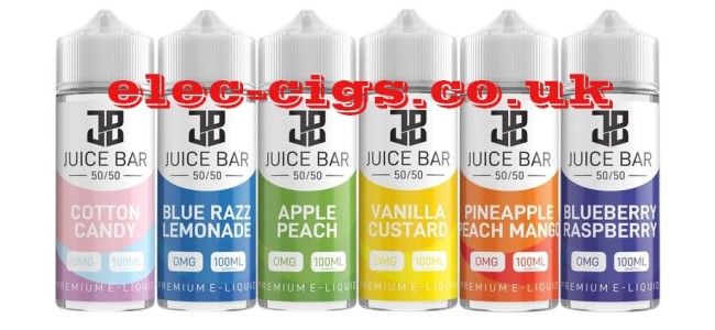 Image shows just a few of the flavours available in the Juice Bar Range of 100ML e-liquids