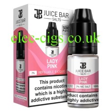 Image shows the bottle and box containing the Lady Pink 10ML Nicotine Salt by Juice Bar