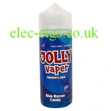 Image shows a bottle of Blue Razer Candy 100 ML E-Liquid from Jolly Vaper