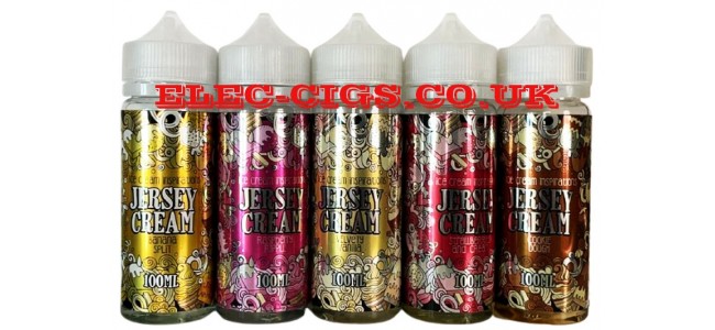 Showing the 5 flavours available in the Jersey Cream, 100 ML E-Liquids Range