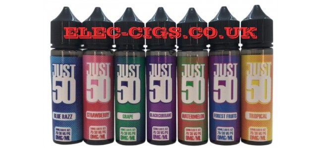 Image shows seven bottles of the flavours available in the Just 50: 50ML E-Liquid Range