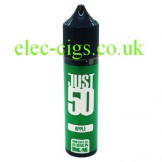 Image shows a bottle of  Just 50 Apple E-Liquid with a green label.