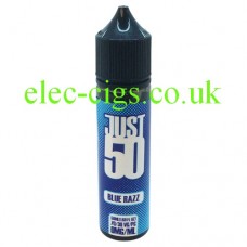 image shows a bottle of Just 50 Blue Razzz E-Liquid