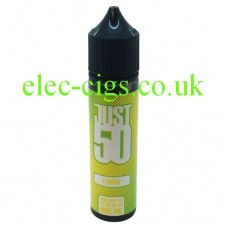 image shows a bottle of Just 50 Lemon E-Liquid