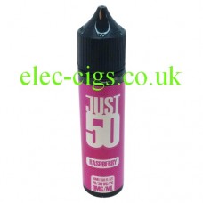 image shows a bottle of Just 50 Raspberry E-Liquid