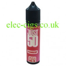 image shows a bottle of Just 50 Strawberry E-Liquid