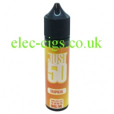 image shows a bottle of Just 50 Tropical E-Liquid
