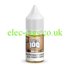Image shows a single bottle , with a brown label on a white background, of Keep It 100 Nicotine Salt Bacco