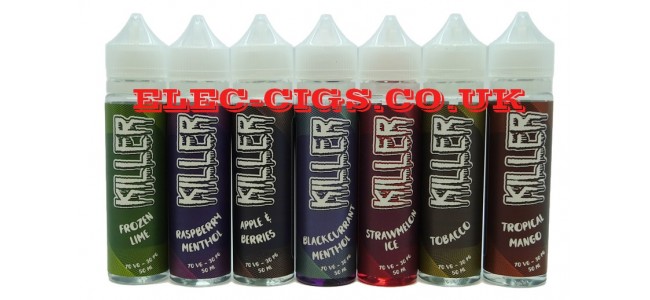 Image shows seven bottles of the Killer 50 ML E-Liquids